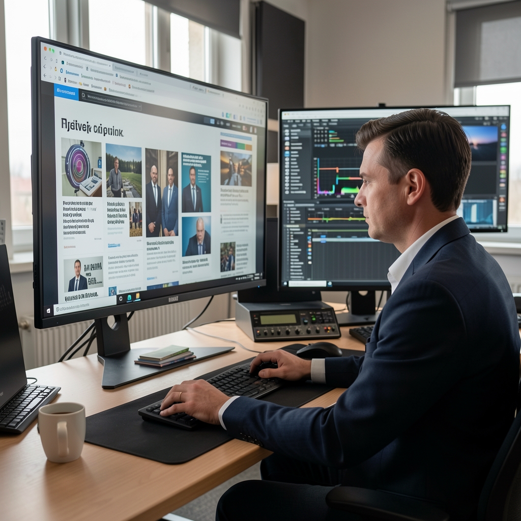 Новинар у модерном newsroom-у са AI alatima na ekranu, prikazuje interfejs veštačke inteligencije za obradu vijesti
